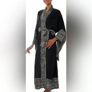 NOVICA Black Batik Printed Hand Made Robe, Midnight Rose' (One Size Fits Most)